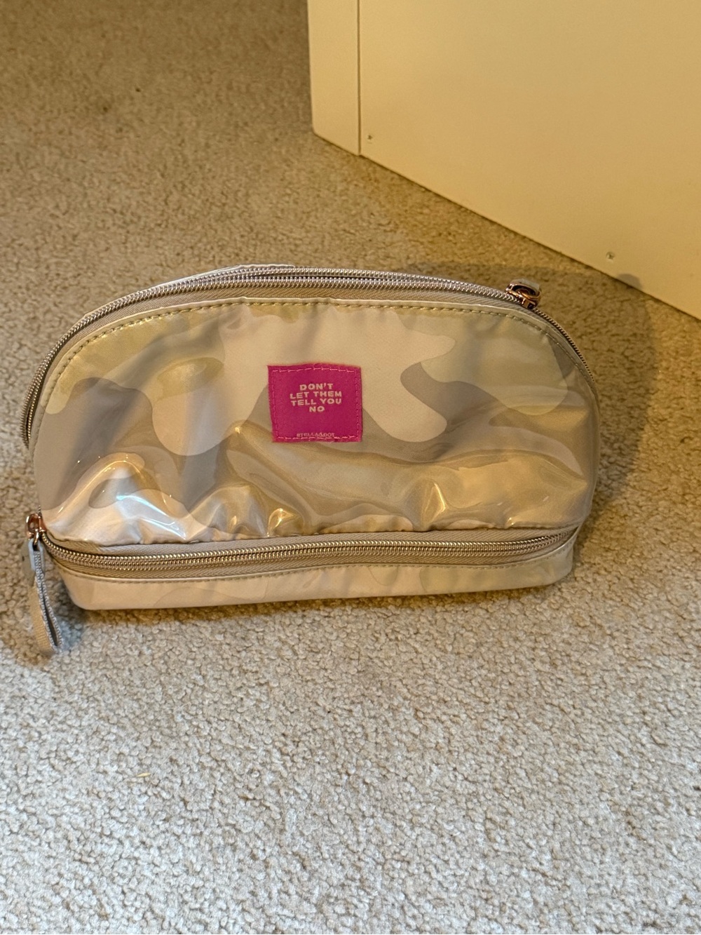 Stella & Dot Beige Clear Cosmetic Pouch with Fuchsia Logo